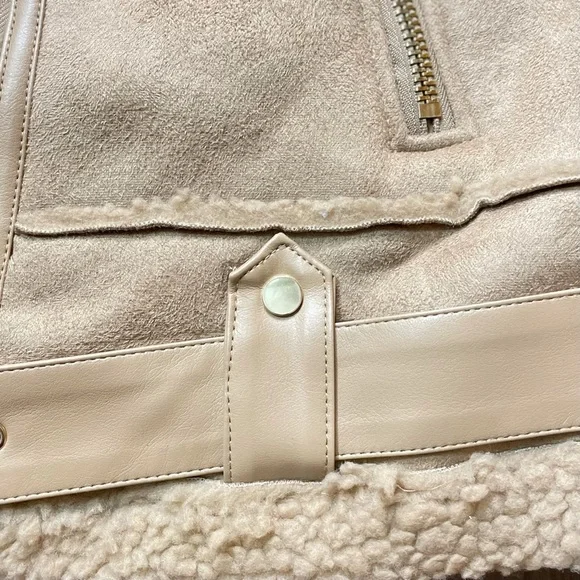 TAUPE BROWN FAUX FUR SUEDE MOTO JACKET BIKER COAT - Picture 7 of 14